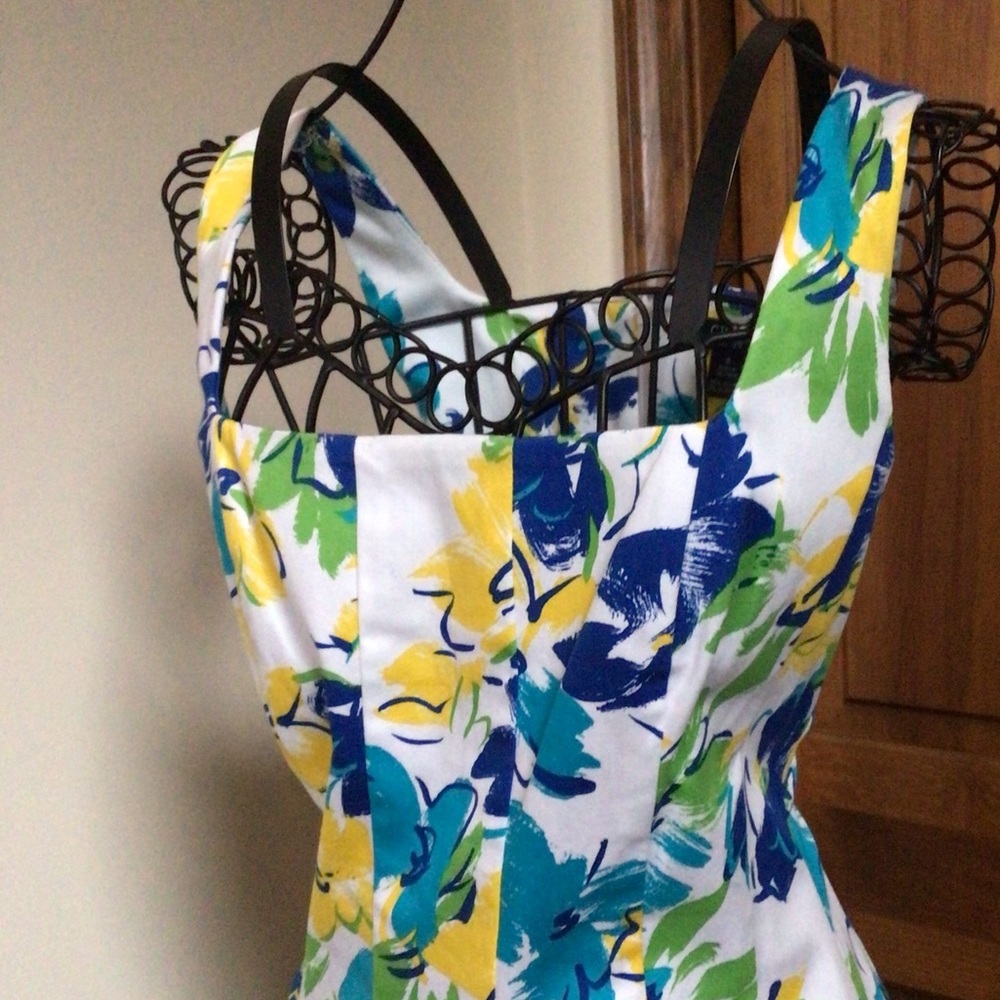Chaps by Ralph Lauren Womens Designer Floral Watercolor Dress Blue Yellow White, - Picture 3 of 9